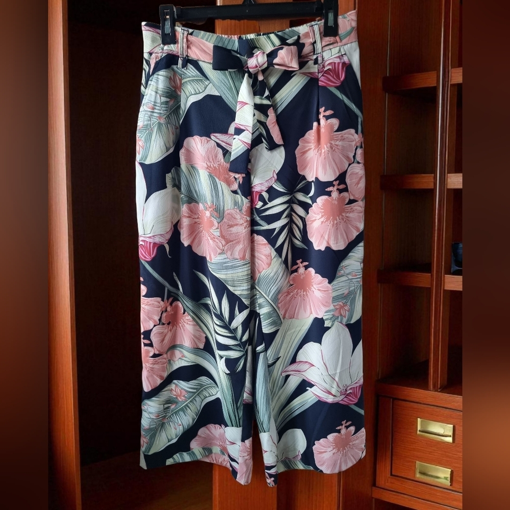 Eliane Rose High Waist Tropical Floral Print Cropped Wide Leg Palazzo Pants Sz M